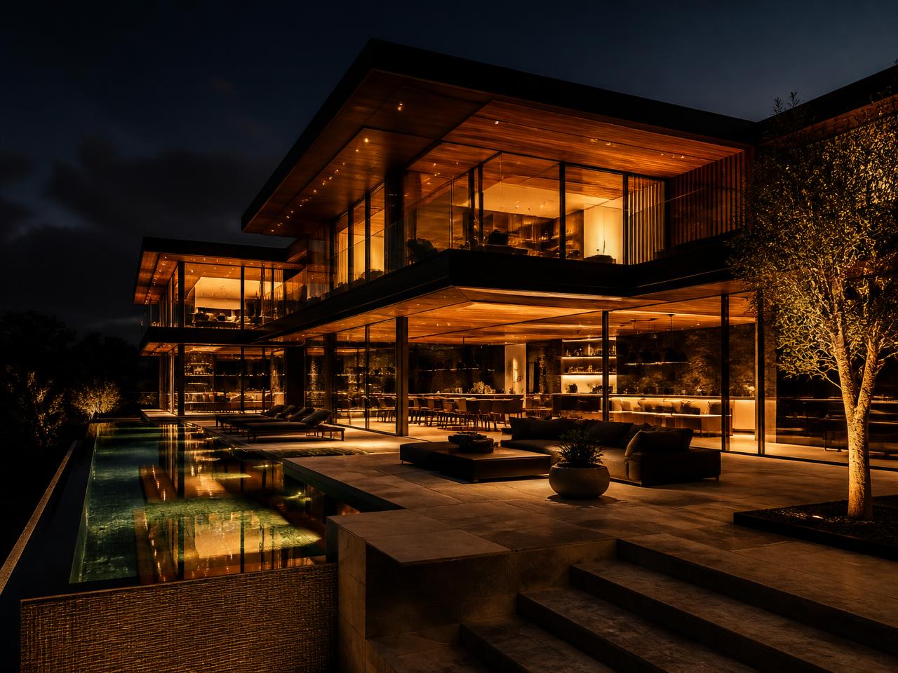Modern luxury home at dusk with warm interior lights glowing through floor-to-ceiling windows